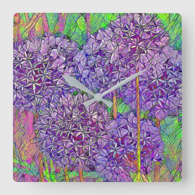 Lila Allium-Mosaik mit Aquarellwirkung Quadratische Wanduhr (Vorderseite)