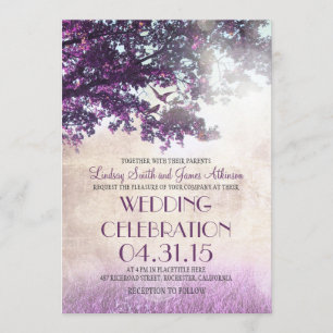 Lila alte Eiche & Liebesvögel Hochzeitseinladungen Einladung