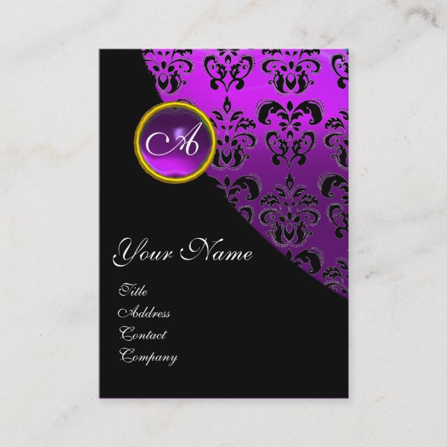 LILA AMETHYST-BLACK-VIOLET-DAMASK-MONOGRAM, VISITENKARTE (Vorderseite)