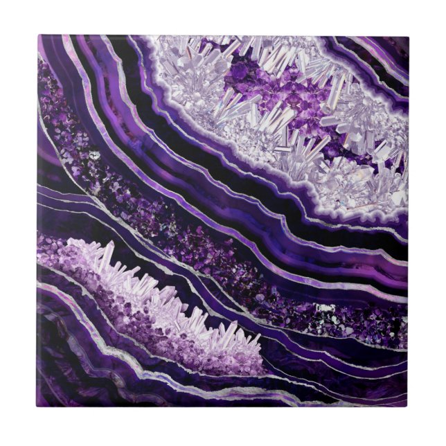 Lila Amethyst Geode und Silberne digitale Kunst Fliese (Vorderseite)