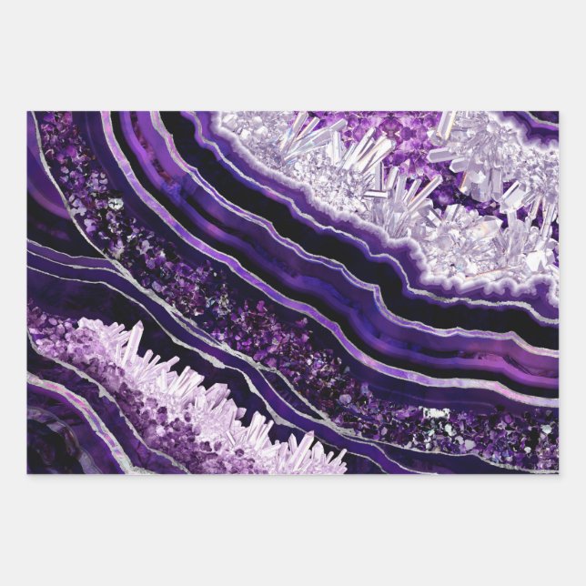 Lila Amethyst Geode und Silberne digitale Kunst Geschenkpapier Set (Vorderseite)