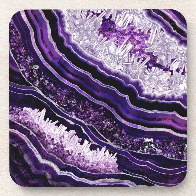 Lila Amethyst Geode und Silberne digitale Kunst Getränkeuntersetzer (Vorderseite)