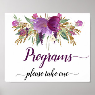 Lila Amethyst Glitzern Hochzeitsprogramme Zeichen Poster