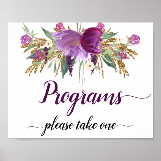 Lila Amethyst Glitzernde Hochzeitsprogramme Schild (Vorne)