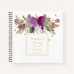 Lila Amethyst Gold Floral Gästebuch   Notizbuch