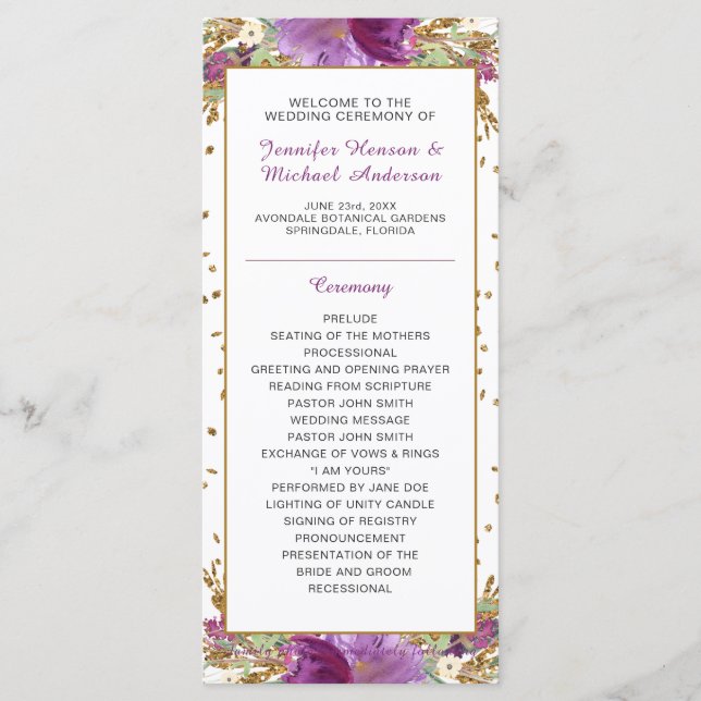 Lila Amethyst Gold Glitter Rahmen Hochzeitsprogram Programm (Vorderseite)