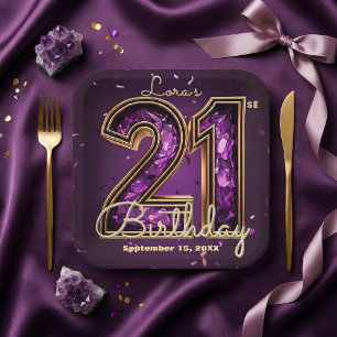 Lila Amethyst Kristall Gold 21. Geburtstag Pappteller