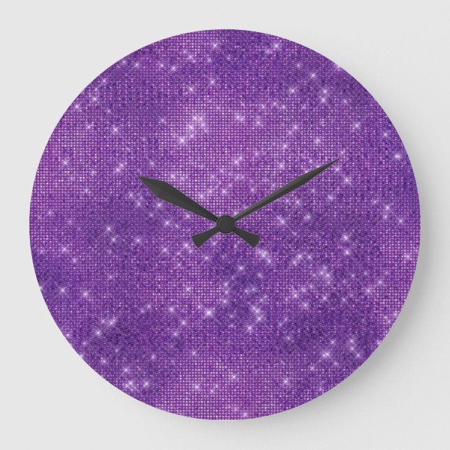 Lila Amethyst Stars Sequin Diamond Funkelnd Große Wanduhr (Vorderseite)