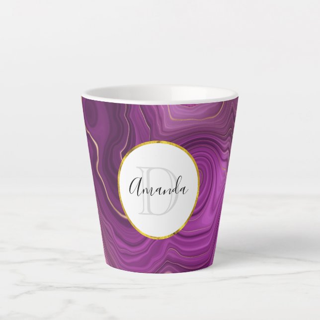 Lila Amethyst und Abstraktes Agate Monogramm Milchtasse (Vorderseite)