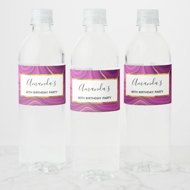 Lila Amethyst und Gold Abstrakt Agate Geburtstag Wasserflaschenetikett (Flaschen)