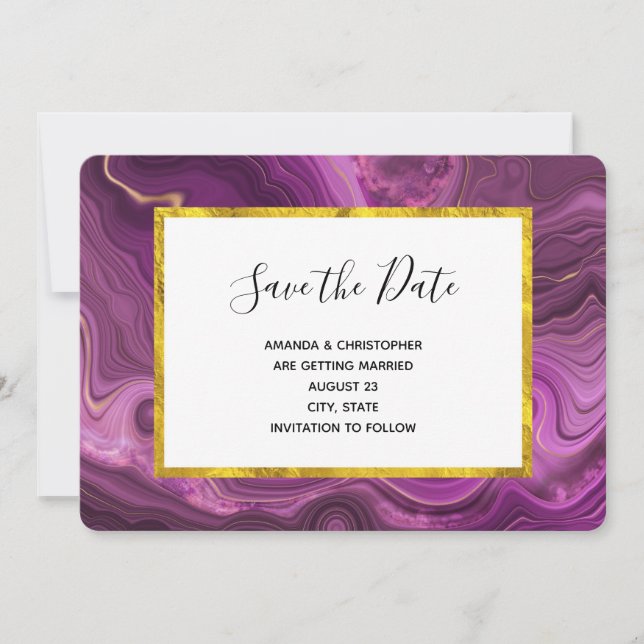 Lila Amethyst und Gold Abstrakte Agate Wedding SA Save The Date (Vorderseite)