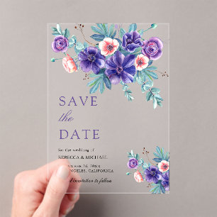 Lila Anemonen Blumenstrauß Hochzeit Save-the-Date- Acryleinladungen