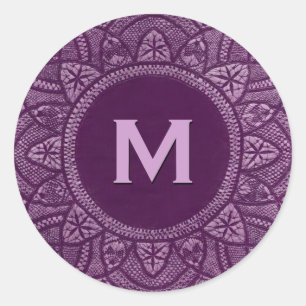 Lila Antik-Spitze mit individuellem Monogramm Runder Aufkleber