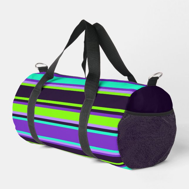 Lila, Aqua & Chartreuse Stripte Nähtasche Duffle Bag (Rechte Ecke)