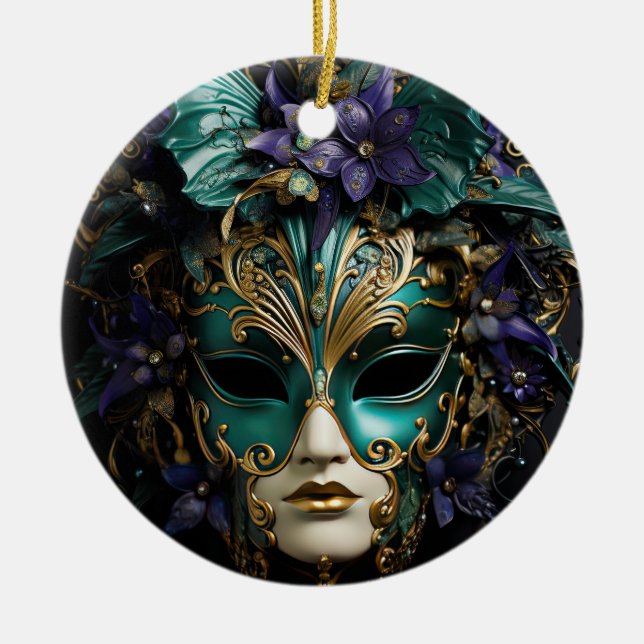 Lila Aqua Masquerade Masken Mardi Gras Drama Keramik Ornament (Vorne)