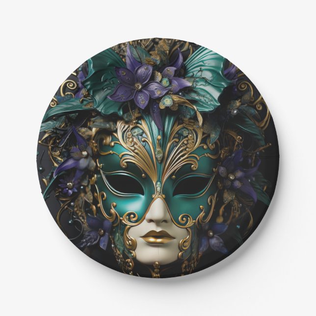Lila Aqua Masquerade Masken Mardi Gras Drama Pappteller (Vorderseite)