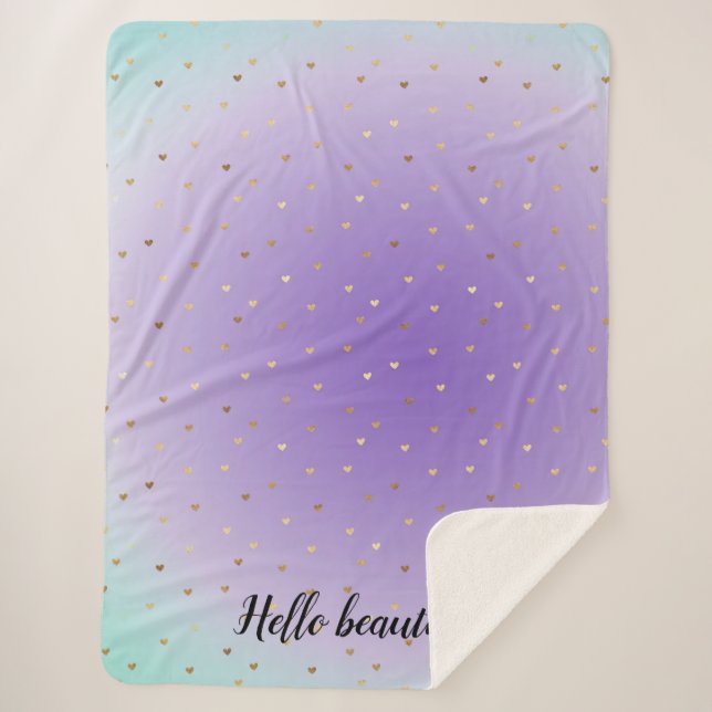 Lila Aqua Ombre Gold Hearts Sherpadecke (Vorderseite)
