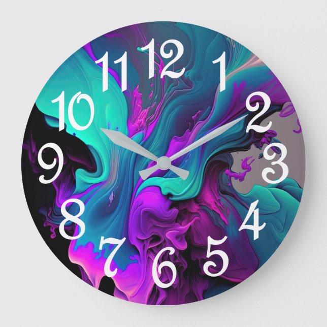 Lila Aqua Türkis Schönes Abstraktes Fluid Kunst Große Wanduhr (Vorderseite)