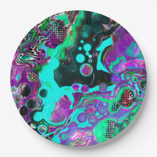 Lila, Aquamarin, blau, schwarz, Abstraktes Fluid Pappteller