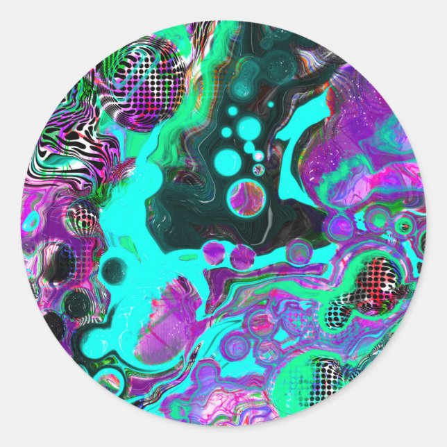 Lila, Aquamarin, blau, schwarz, Abstraktes Fluid Runder Aufkleber (Vorderseite)