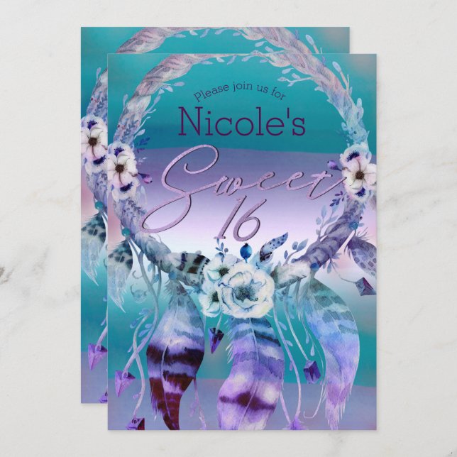 Lila & Aquamarin Dream Catcher Boho Sweet 16 Party Einladung (Vorne/Hinten)