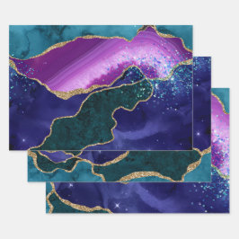 Lila & Aquamarin & Gold Glitzer Peacock Agate Geschenkpapier Set