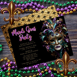 Lila Aquamarin Masquerade Mask Mardi Gras Party Einladung