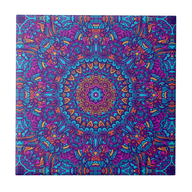 Lila, Aquamarin, Orange & Yellow Boho Mandala Fliese (Vorderseite)