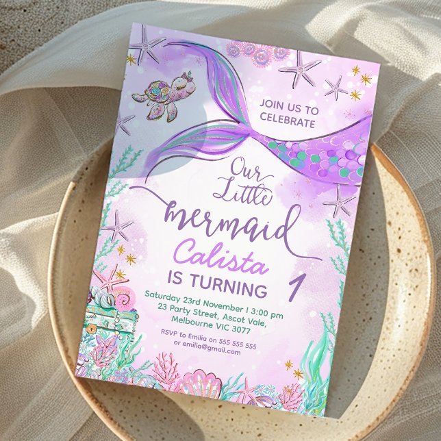 Lila Aquamarin unser kleines Meerjungfrau 1. Gebur Einladung (Purple Teal Our Little Mermaid 1st Birthday Invitation, Instant Under the Sea Mermaid Birthday Party)