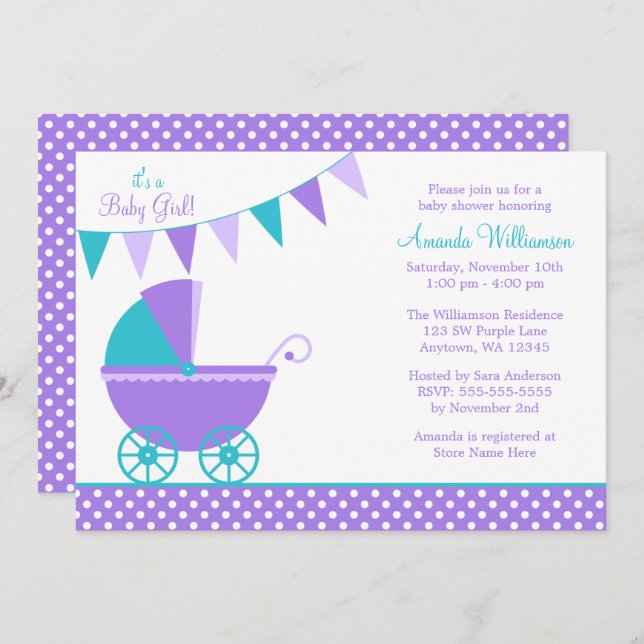 Lila Aquamarine Babydusche Einladung (Vorne/Hinten)