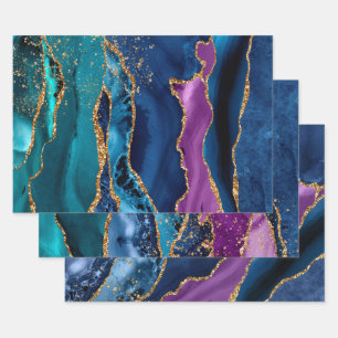 Lila, Aquamarine & blaue Glitzer Peacock Agate Geschenkpapier Set