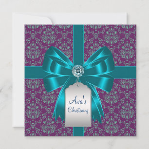 Lila Aquamarine Blue Damask Baby Taufe Christening Einladung
