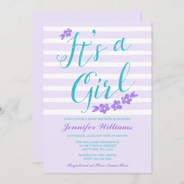 Lila Aquamarine Blume Streifen Kinderdusche Einlad Einladung (Vorne/Hinten)