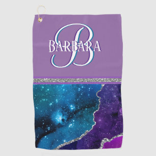 Lila Aquamarine Glitterie Silver Monogram Vorname Golfhandtuch