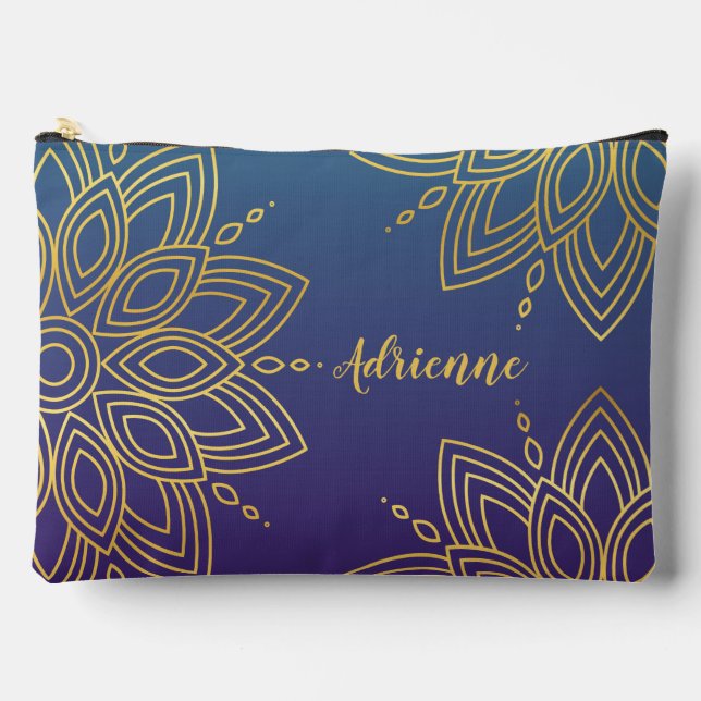 Lila Aquamarine Imitat Gold Mandala Zubehörtasche (Vorderseite)