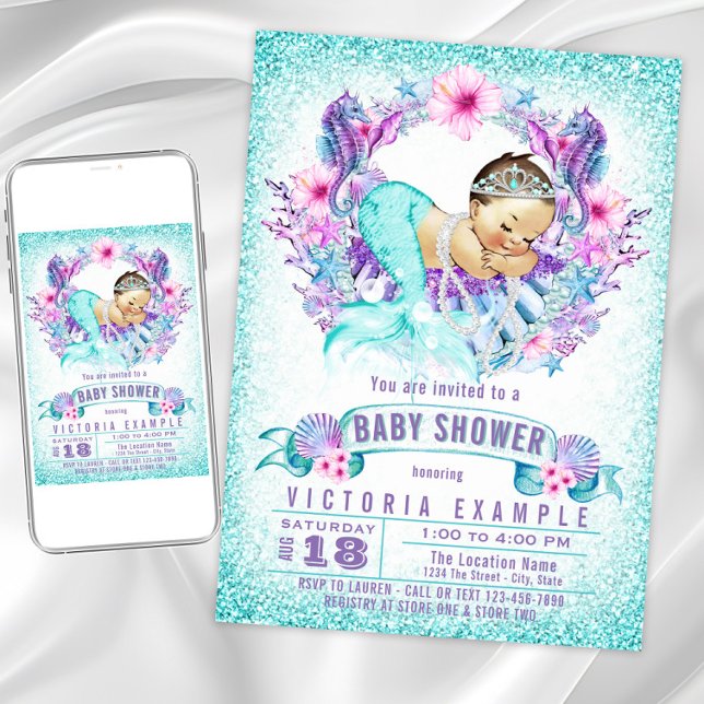 Lila Aquamarine Mermaid Baby Shower Einladungen (Cute mermaid baby shower invitation. Instant download and printed invitations available.)