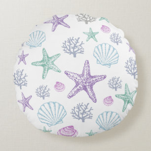 Lila Aquamarine Seashell Starfish Muscheln Rundes Kissen