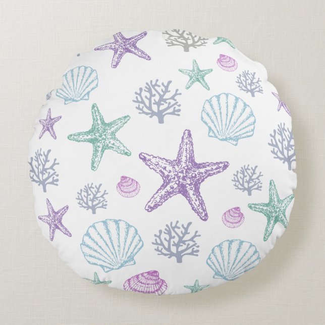 Lila Aquamarine Seashell Starfish Muscheln Rundes Kissen (Vorderseite)