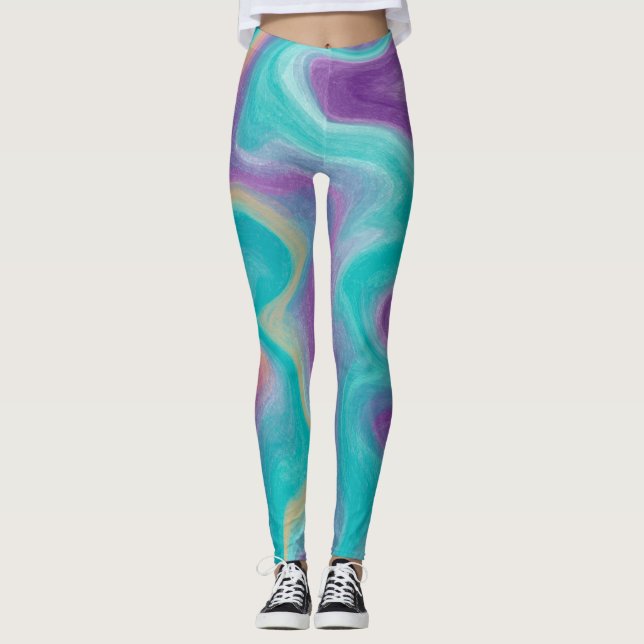Lila, Aquamarine und goldene Wirbel Marmor Leggings (Vorderseite)