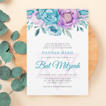 Lila Aquamarine Wasserfarbe Floral Bat Mitzvah