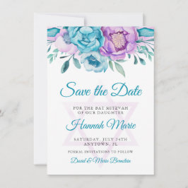 Lila Aquamarine Wasserfarbe Floral Bat Mitzvah Save The Date