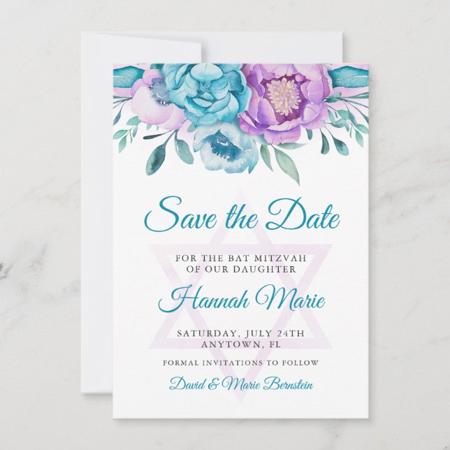 Lila Aquamarine Wasserfarbe Floral Bat Mitzvah Save The Date (Vorderseite)