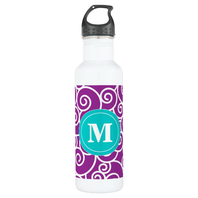 Lila aquamarine Wirbels-Monogramm-Wasser-Flasche Edelstahlflasche (Vorderseite)