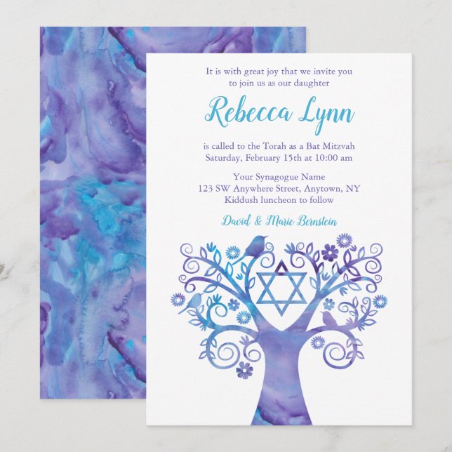 Lila Aquamariner Aquarellbaum Bat Mitzvah Einladung (Vorne/Hinten)