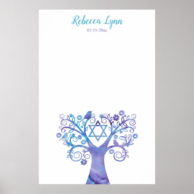 Lila Aquamariner Aquarellbaum Bat Mitzvah Poster (Vorne)