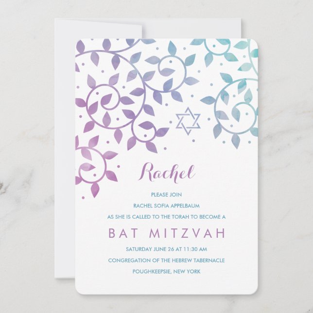 Lila + Aquamariner Baum Bat Mitzvah Einladungen (Vorderseite)