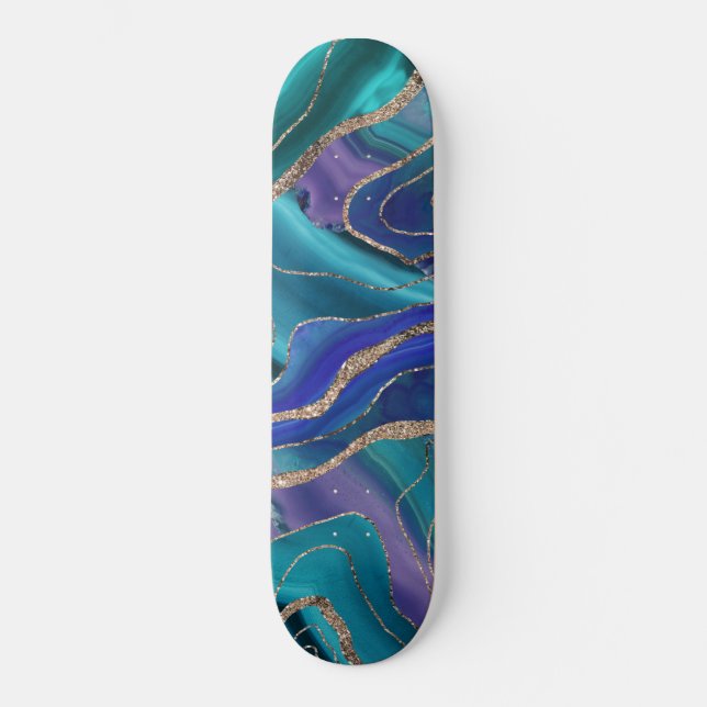 Lila Aquamariner Blauer Galaxienebel Agate Glitzer Skateboard (Vorderseite)