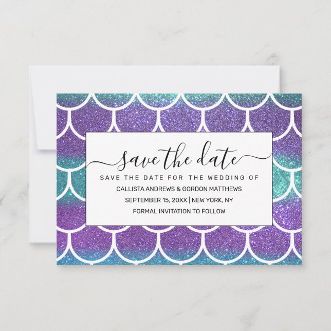 Lila Aquamariner Glitzer Mermaid Scallop-Skala Save The Date (Vorderseite)