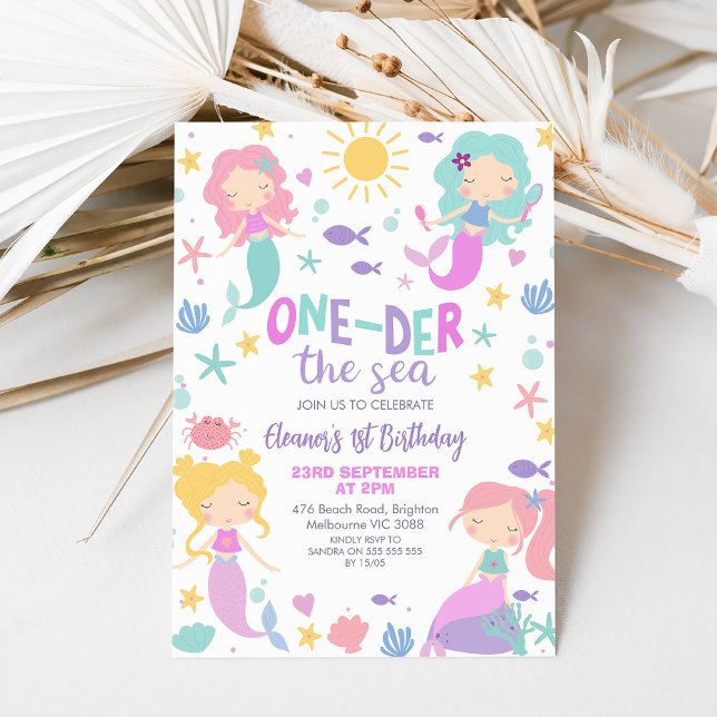 Lila Aquamariner Meerjungfrauentag 1. Geburtstag Einladung (Editable Oneder the Sea Mermaid Invitation, First 1st Mermaid Birthday Invitation, Little Mermaid)