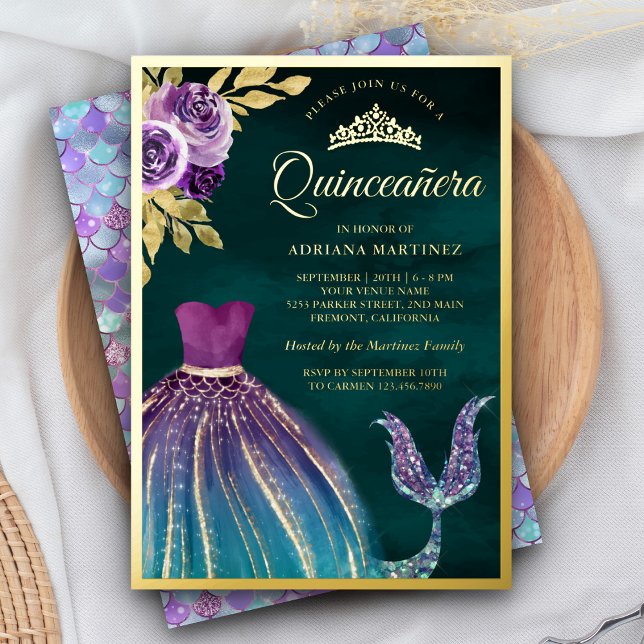 Lila Aquamariner Mermaid Schwanz Dark Quinceanera  Folieneinladung (Von Creator hochgeladen)